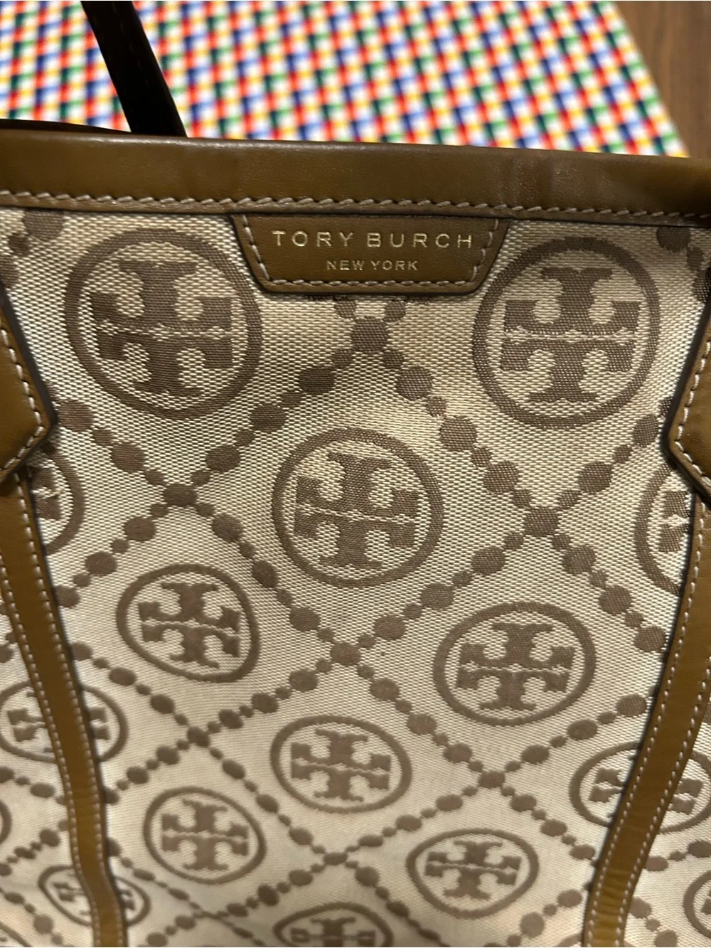Tory Burch Tan/Beige Canvas Logo Triple-Compartment Perry Tote